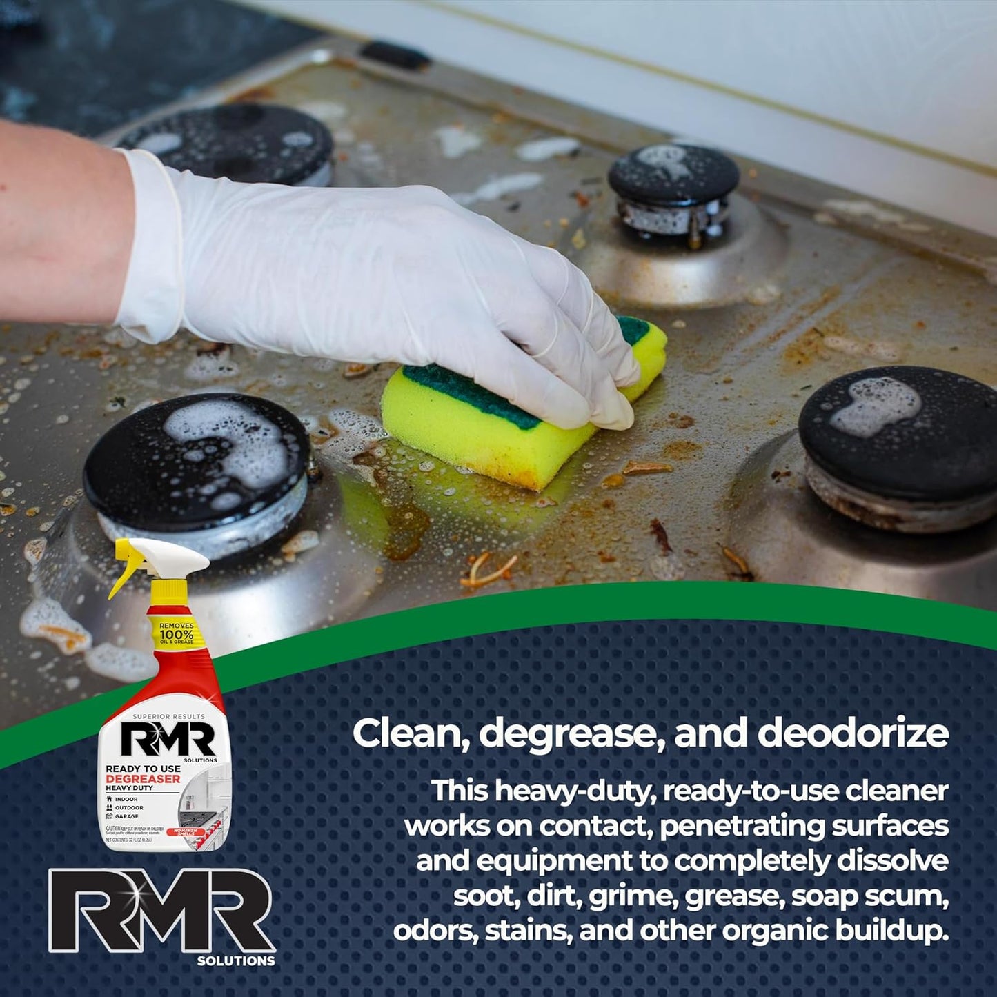 RMR Degreaser and Cleaner - Ready to Use Indoor/Outdoor Formula Works on Contact, For Heavy-Duty Cooking Surfaces, Indoor, Outdoor, Automotive, and Equipment Cleaning, 30 Fluid Ounce