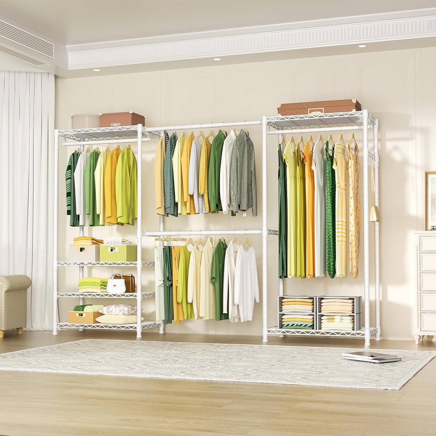 Ulif E1 Heavy Duty Closet Garment Rack, 6 Tiers Adjustable Metal Freestanding Expandable Clothing Storage with 4 Hanger Rods, Easy to Assemble Wardrobe, 71.4" H x (70" - 88.2") L x 14" D, White