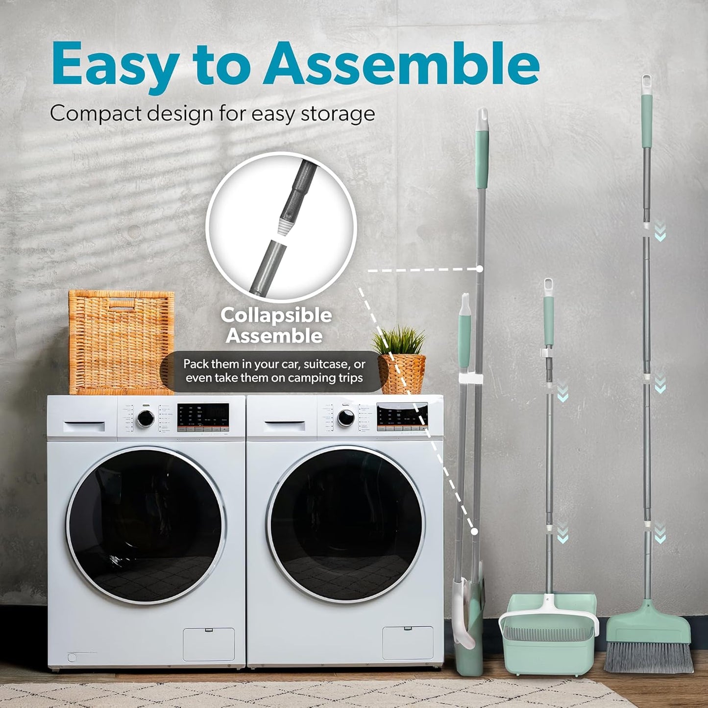 BLACK+DECKER Butler Broom & Dustpan Set - Short Handle, Stand-Up Design - Lightweight, Space-Saving Combo for Kitchen, Living Room, Bathroom, Lobby Floors - Home Cleaning Essential, Teal/Grey