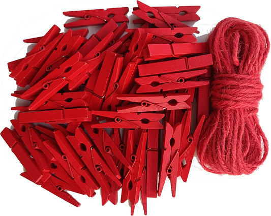 1.9 Inch Red Strong Wood Clothes Pins Hold Xmas Cards Papers Scrapbooking Gloves Socks Laundry Clip with Twine Pack 50