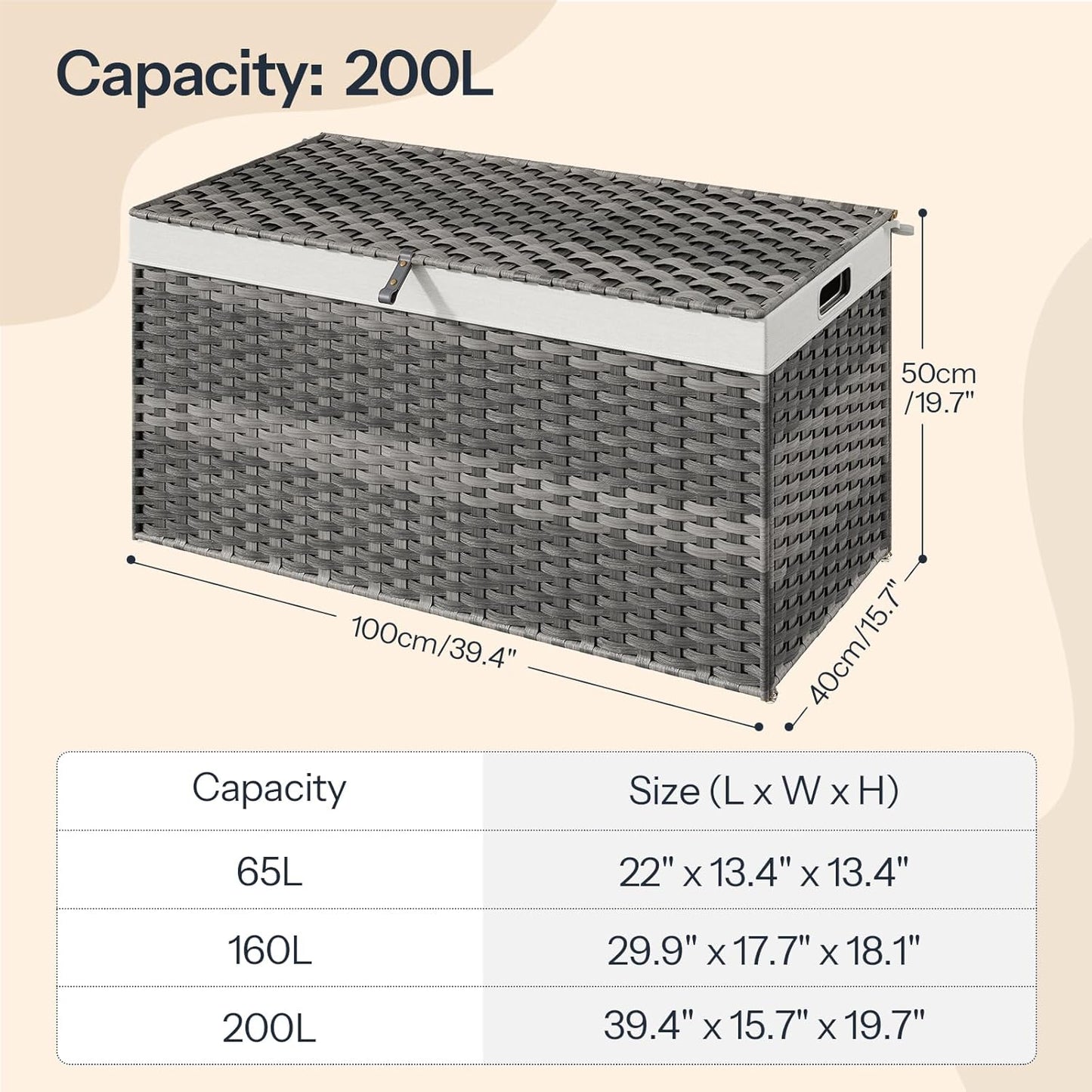 HOOBRO Storage Basket with Lid, 52.8 Gallon (200L) Wicker Basket, Handwoven Blanket Storage Basket with Handles, Metal Frame and Soft Lining, Foldable for Bedroom, Laundry Room, Gray GY220CW01