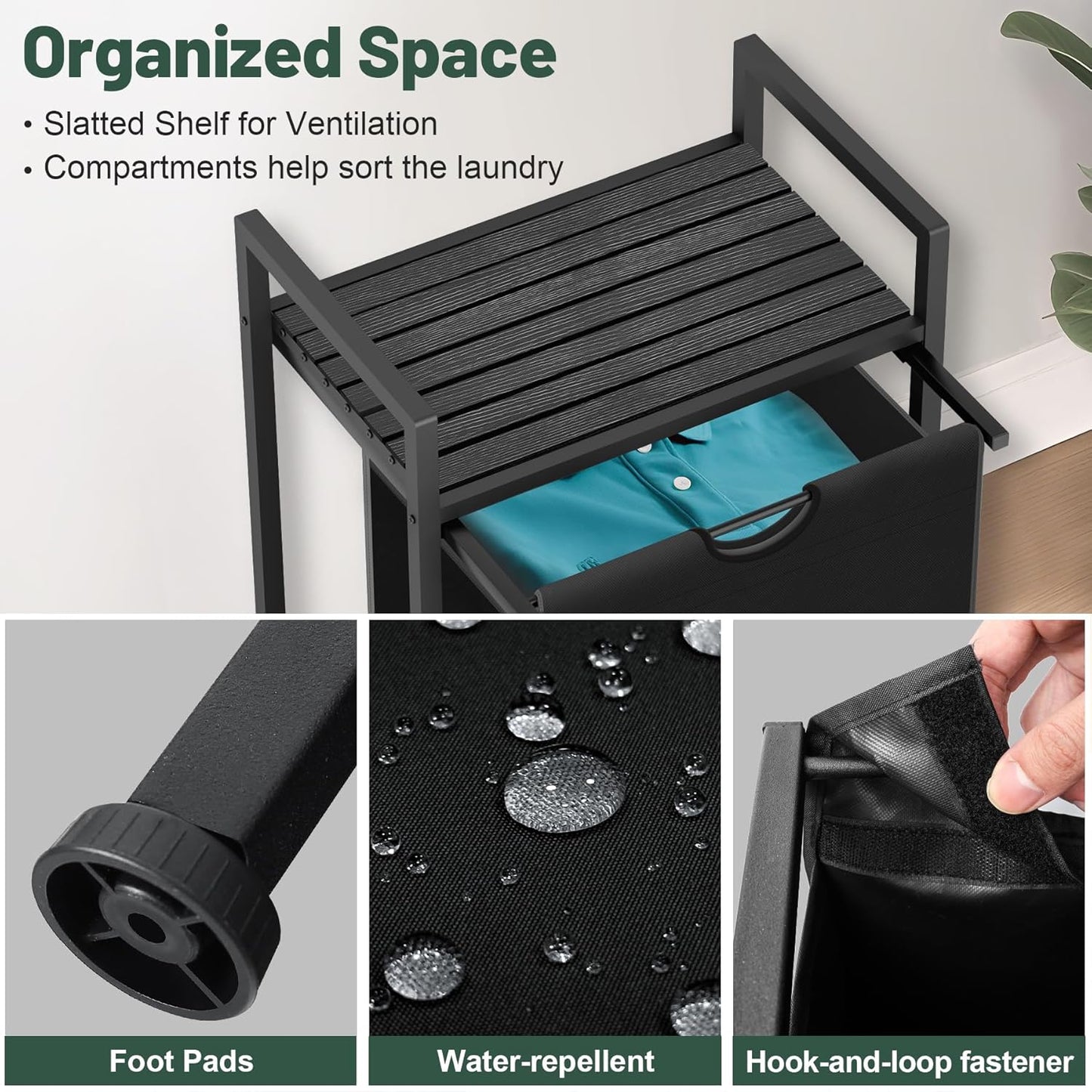 Laundry Sorter with Removable Bag, 16 Gallons Laundry Hamper with Adjustable Feet, Laundry Basket for Laundry Room, Bathroom and Bedroom(Charcoal Black)