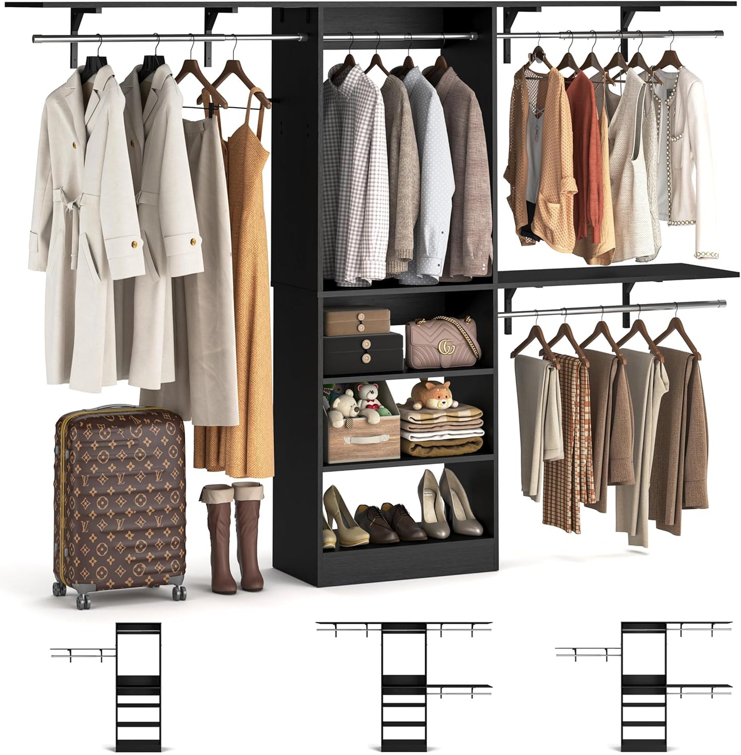 8FT Closet System with Shelves, 96'' Closet Organizer System with 3 Hanging Rods, Wall Mount Bedroom Wardrobe Walk-in Closet, Adjustable Cloth Garment Rack from 5 to 8FT (Cut to Fit), Black