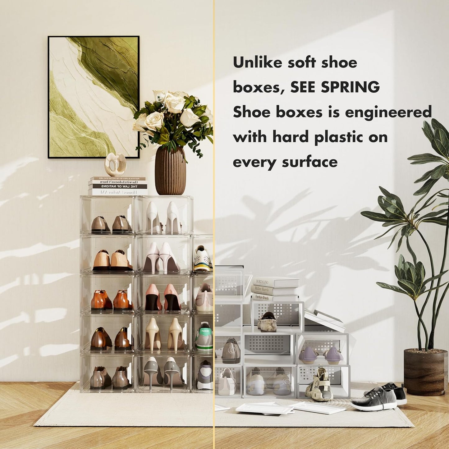 Shoe Storage Boxes Fit Size 13, White Plastic Stackable Shoe Organizer for Closet, Shoe Rack & Holder Sneaker Container, Thicken & Sturdy 6-Sided Hard Clear White 6 Pack