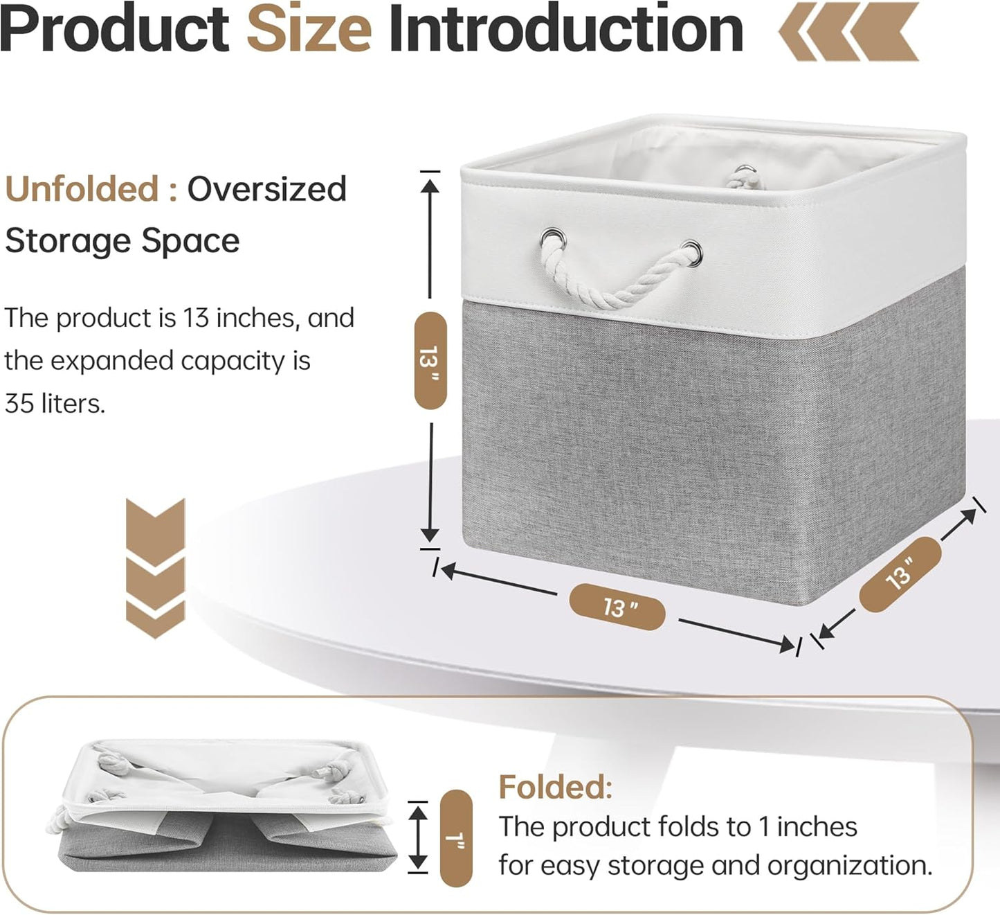 13x13 Inch Cube Storage Bins with Reinforced Bottom Cardboard, 6 Pack Large Collapsible Fabric Storage Cubes with Handles for Shelf, Closet, Toy, Laundry Organization (White&Gray)