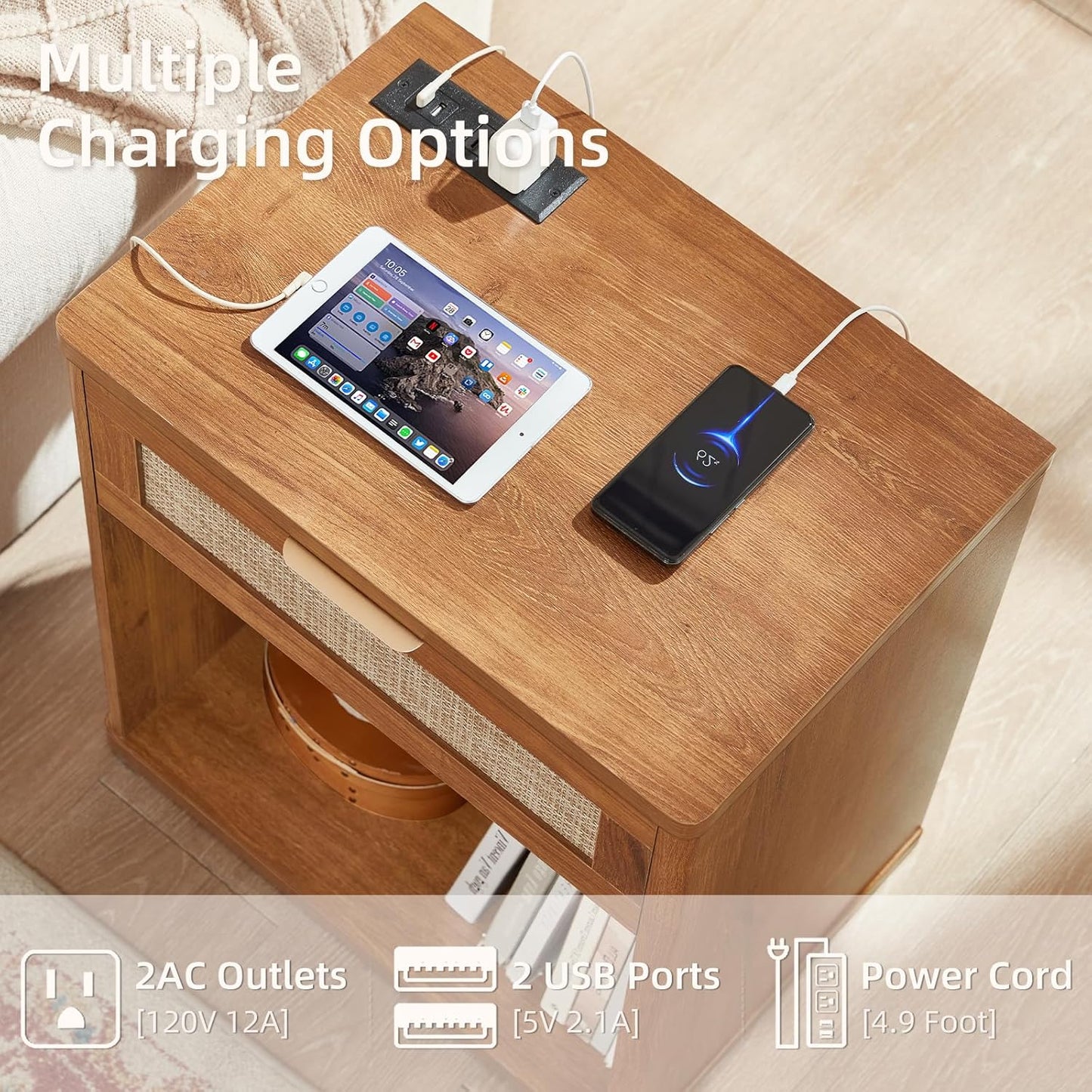 LEYAOYAO Rattan Nightstands Set of 2 with Charging Station, Natural Wood Night Stand with Drawer, 23" Wide Boho Bedside Table Open Cabinet, Bed Side Table Dresser for Bedroom, Living Room, Entrance