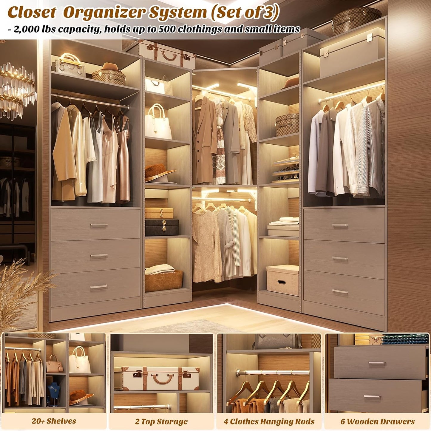 Corner Closet System with 6 Drawers, Closet Organizer System with 14 Shelves & 4 Hanging Rods, 87.2"L * 39.2"W / 63.2"L * 63.2"W Reversible L Shaped Walk-in Closets, Load 2500+LBS, Grey
