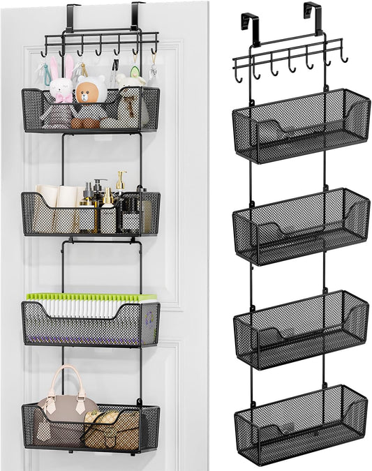 HapiRm Over The Door Organizer - Hanging Door Organizer with 4 Metal Large Capacity Baskets and Adjustable Coat Hook for Bathroom Bedroom Kitchen Pantry Closet Cabinet