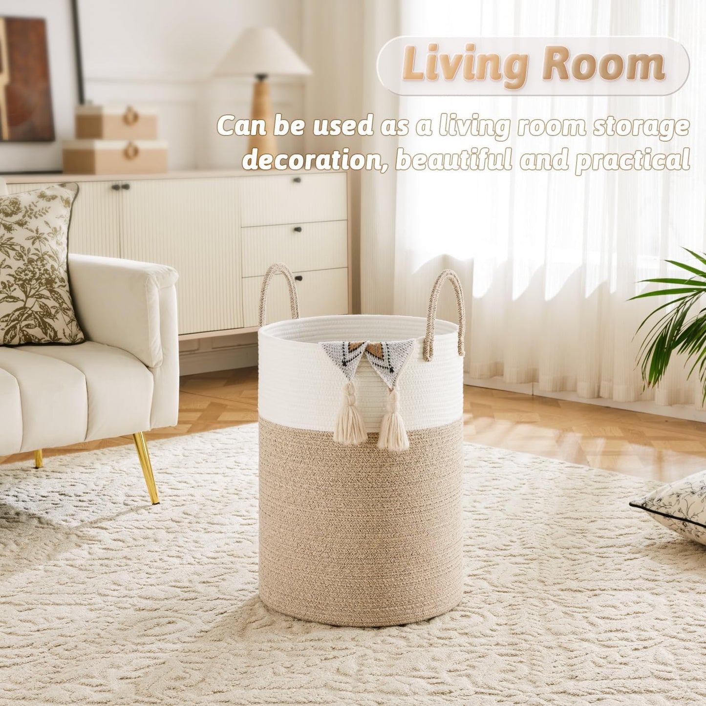 Laundry Basket,Woven Cotton Rope Laundry Hamper,60L for Decor Storage of Dirty Clothes,Toys and Blankets in Bathroom,Baby Room and Living Room