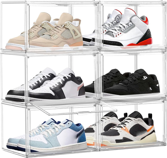 Shoe Storage 6 Pack, Acrylic Clear Shoe Storage Box Stackable Large Sneakers Display Case with Magnetic Door Hat Boxes Shoe Organizer for Closet, Fit up to US Size 13