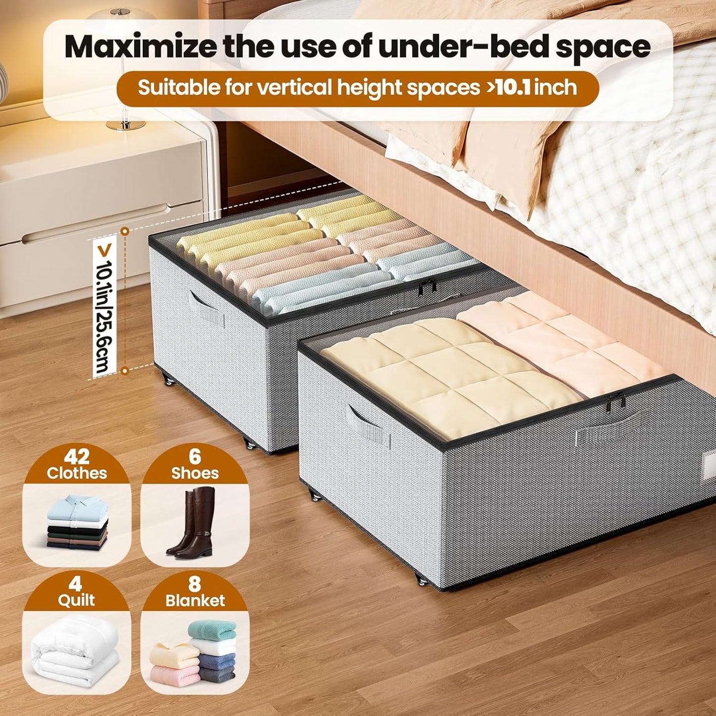 Underbed Storage with Wheels, 2 Pack Under Bed Storage Containers with Clear Lids, No Assembly Required 10.1 inch Rolling Under Bed Storage for Clothes, Grey