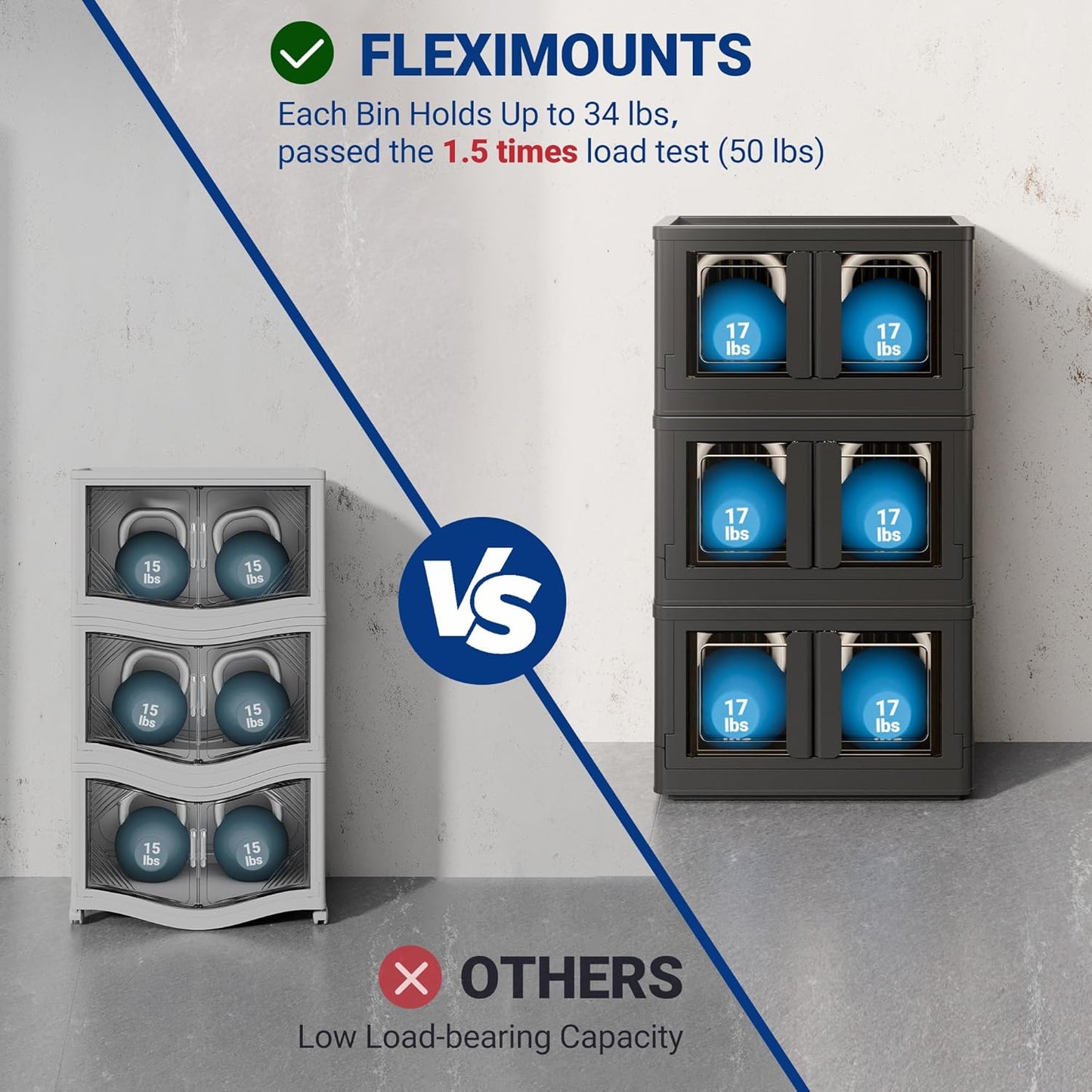 FLEXIMOUNTS 150 QT Stackable Storage Bins With Lids, Collapsible Plastic Storage Bins, Closet Organizers and Storage Containers with Doors and Built-in Wheels For Home, 4 Pack Cubes, Black