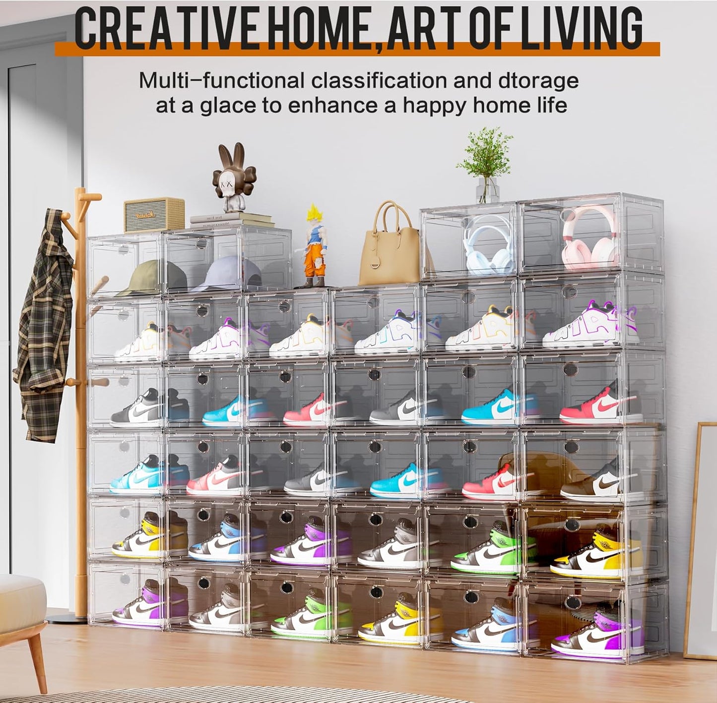 KEFA XL Shoe Storage Box Organizer, 6 Pack Shoe Boxes Clear Plastic Stackable, Sneaker Display Case Container Fit for US 13 (Side 6 PACK CLEAR)