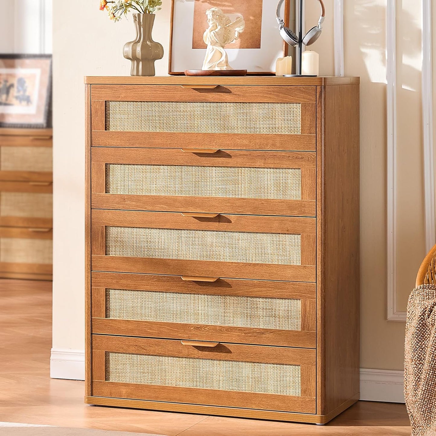LEYAOYAO Dresser for Bedroom, 41" Tall Chest of Drawers, Modern 5 Drawers Boho Rattan Dressers with Storage, Dresser Wooden Closet Organizer for Living Room, Hallway, Tea Brown