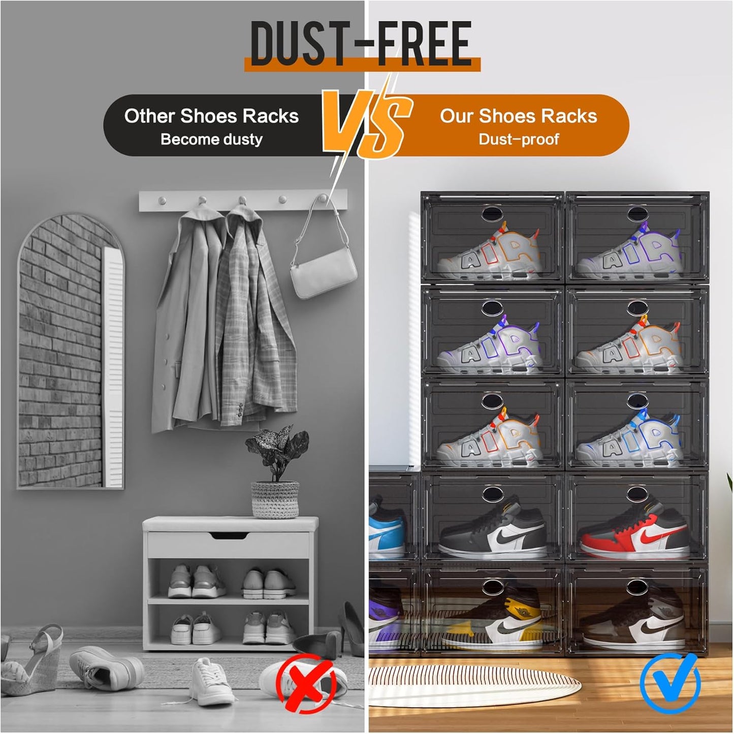 KEFA XL Shoe Storage Box Organizer, 6 Pack Shoe Boxes Clear Plastic Stackable, Sneaker Display Case Container Fit for US 13 (Side 6 PACK BLACK)