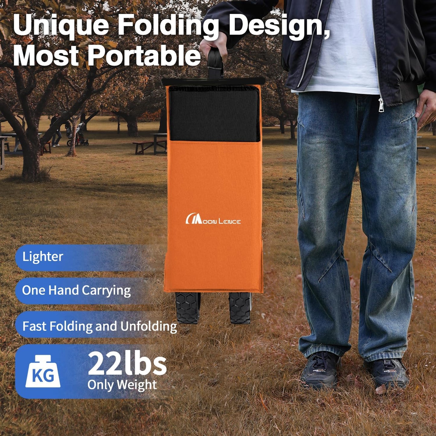 Moon Lence Collapsible Folding Wagon Cart Heavy Duty Folding Garden Portable Hand Cart with All-Terrain Beach Wheels, Adjustable Handle & Drink Holders (Orange & Ivory)