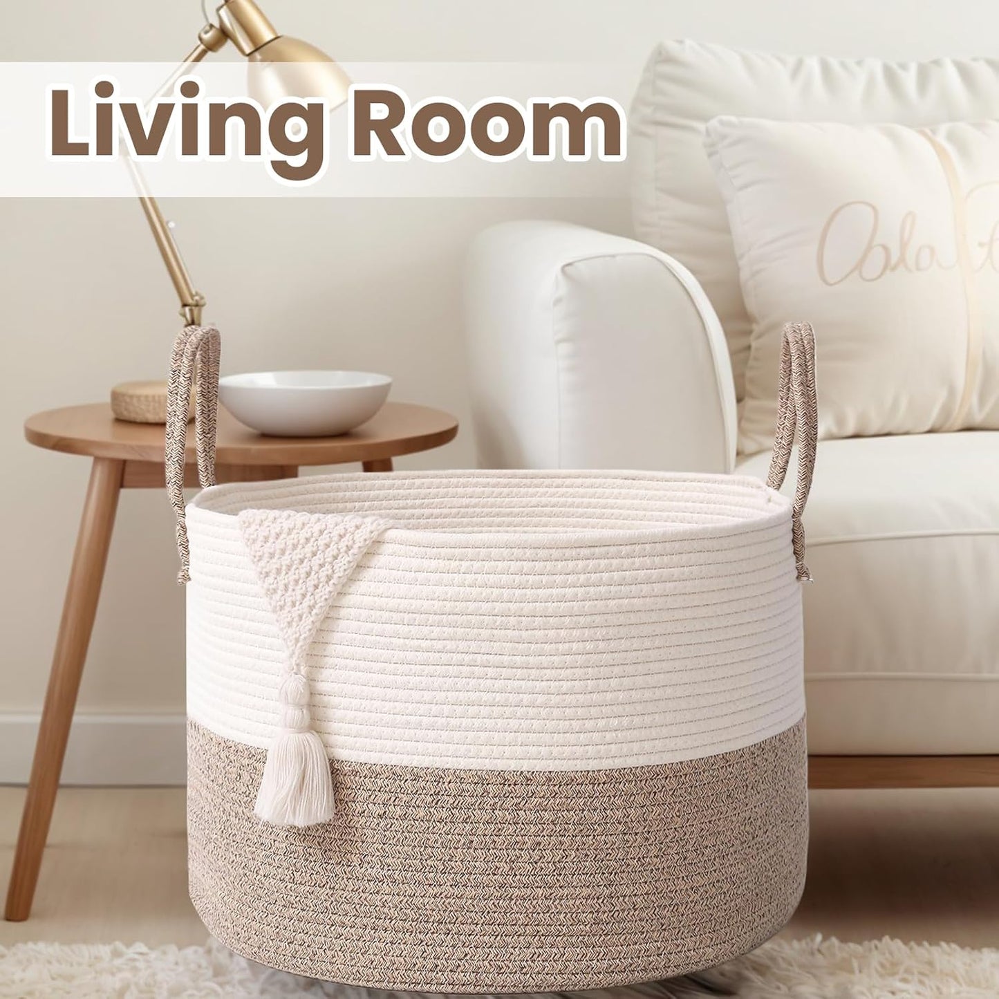 Woven Blanket Basket,65L Large Rope Storage Bin with Handles, Organizer for Blankets Toys Book and Clothes, Laundry Basket for Living Room Bedroom Nursery,White&Brown