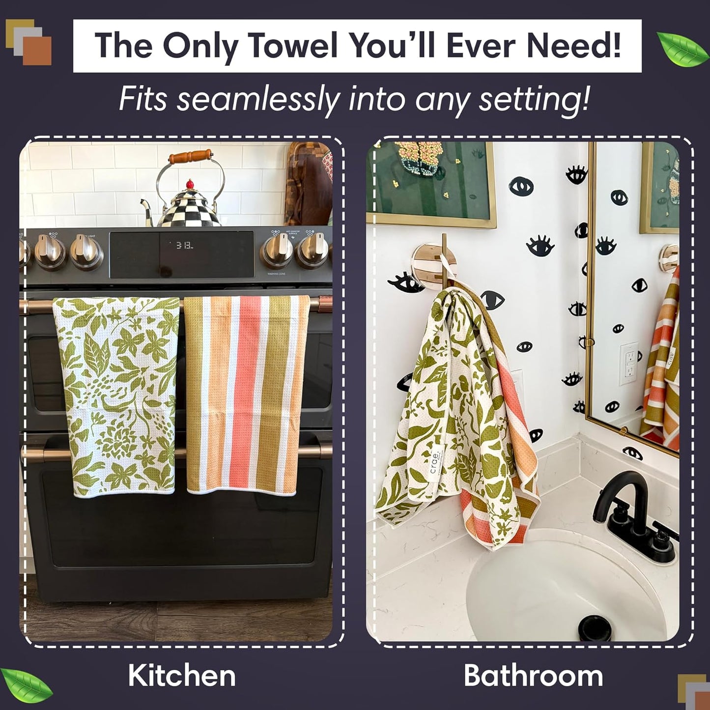 2 Double Sided Microfiber Hand Towels, 17x27 Inches Waffle Design Kitchen Towels Set, Durable & Soft Fast Drying Hand Wash Cloth and Dishcloth for Everyday Use at Home (Pat & Tricky- Green/Cream)