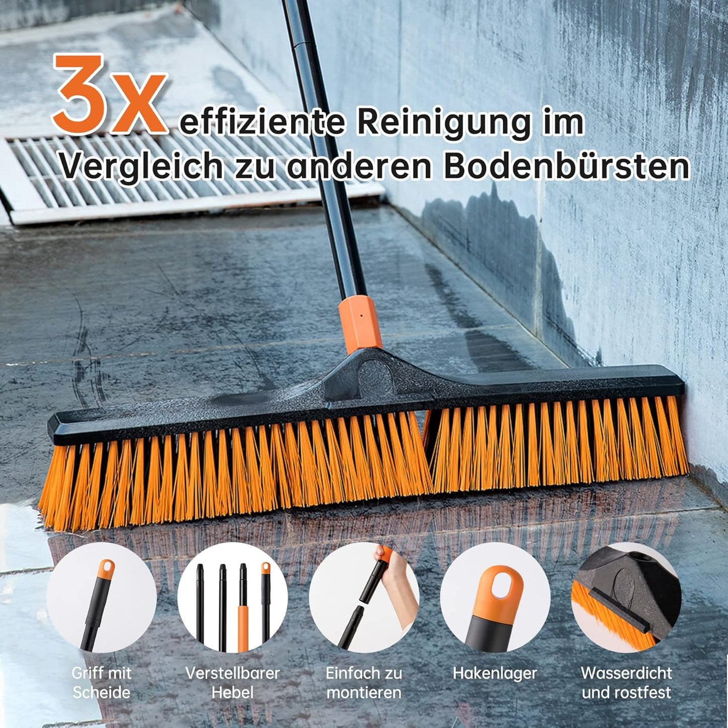24”Push Broom Brush for Floor Cleaning with 65” Long Handle and Stiff Bristles, Heavy Duty Brush for Shop, Deck, Garage, Concrete,Indoor and Outdoor Broom 2 Set,Orange