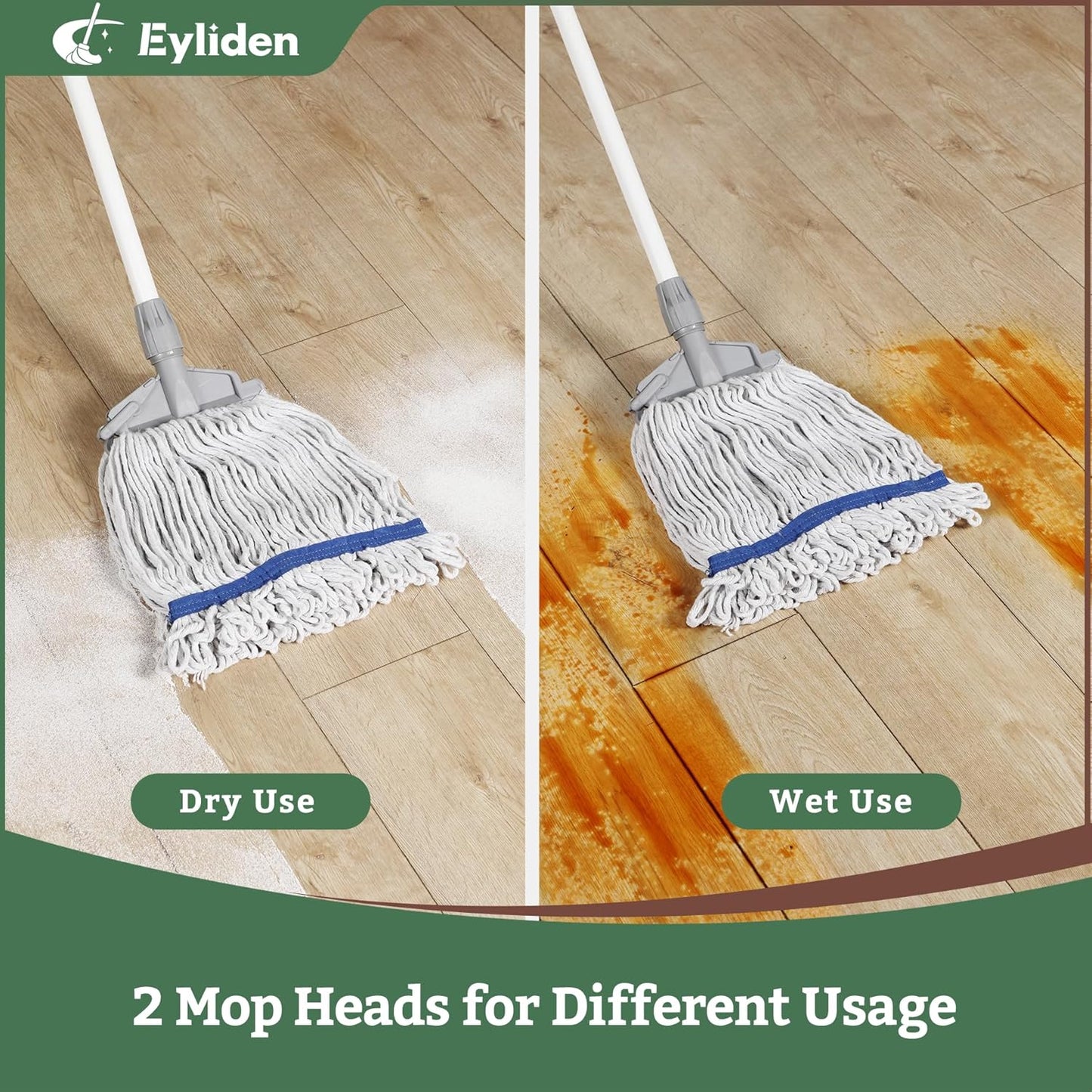 Eyliden String Mops for Floor Cleaning, Heavy Duty Looped-End Commercial Mops with Extra Mop Head Replacement, Universal Industrial Cotton String Mop for All Surfaces, Kitchen Bathroom Home