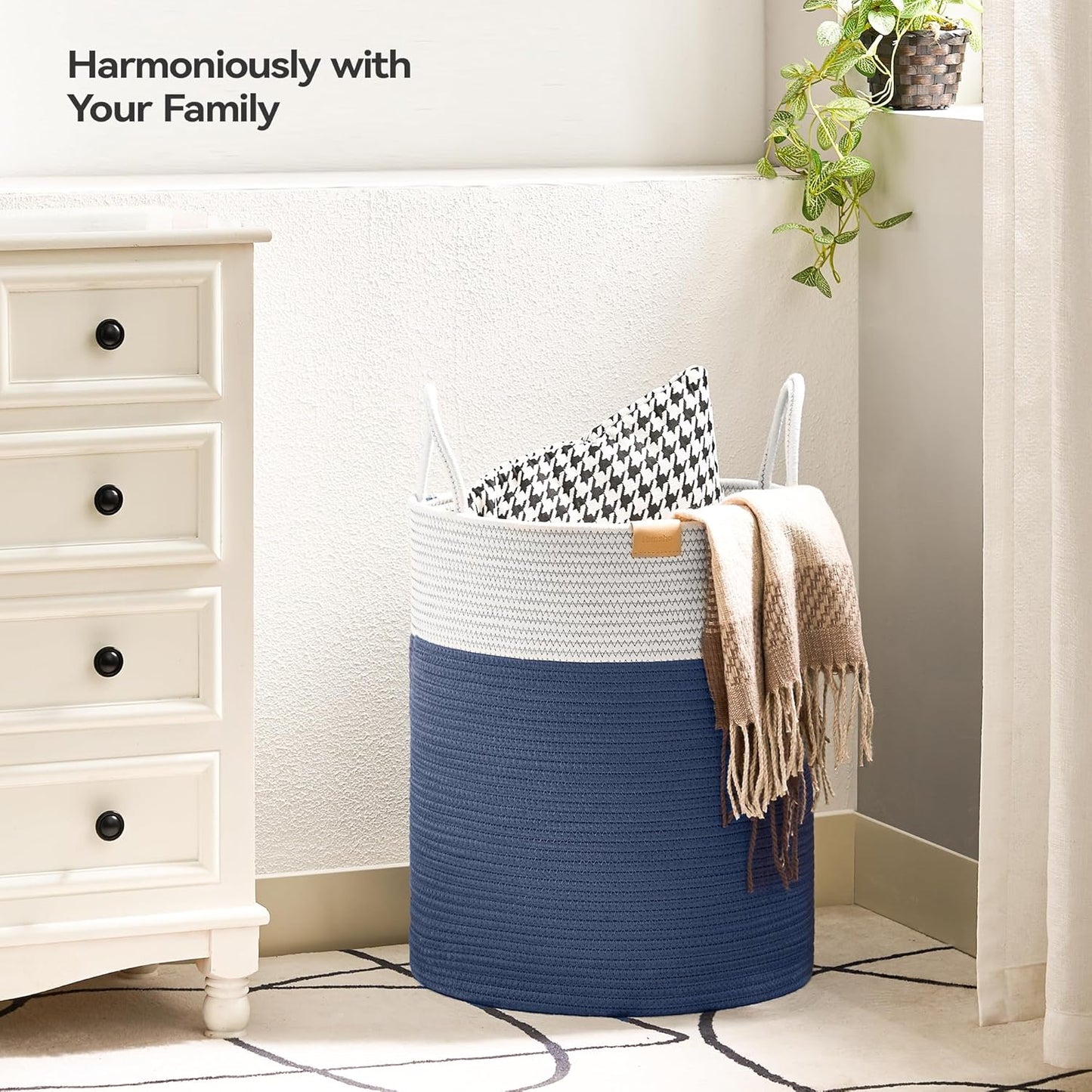 Laundry Hamper 62L,Large Laundry Basket for Clothes,Decorative Storage Basket for Blankets,Cotton Rope Woven basket for bedroom,Navy Blue