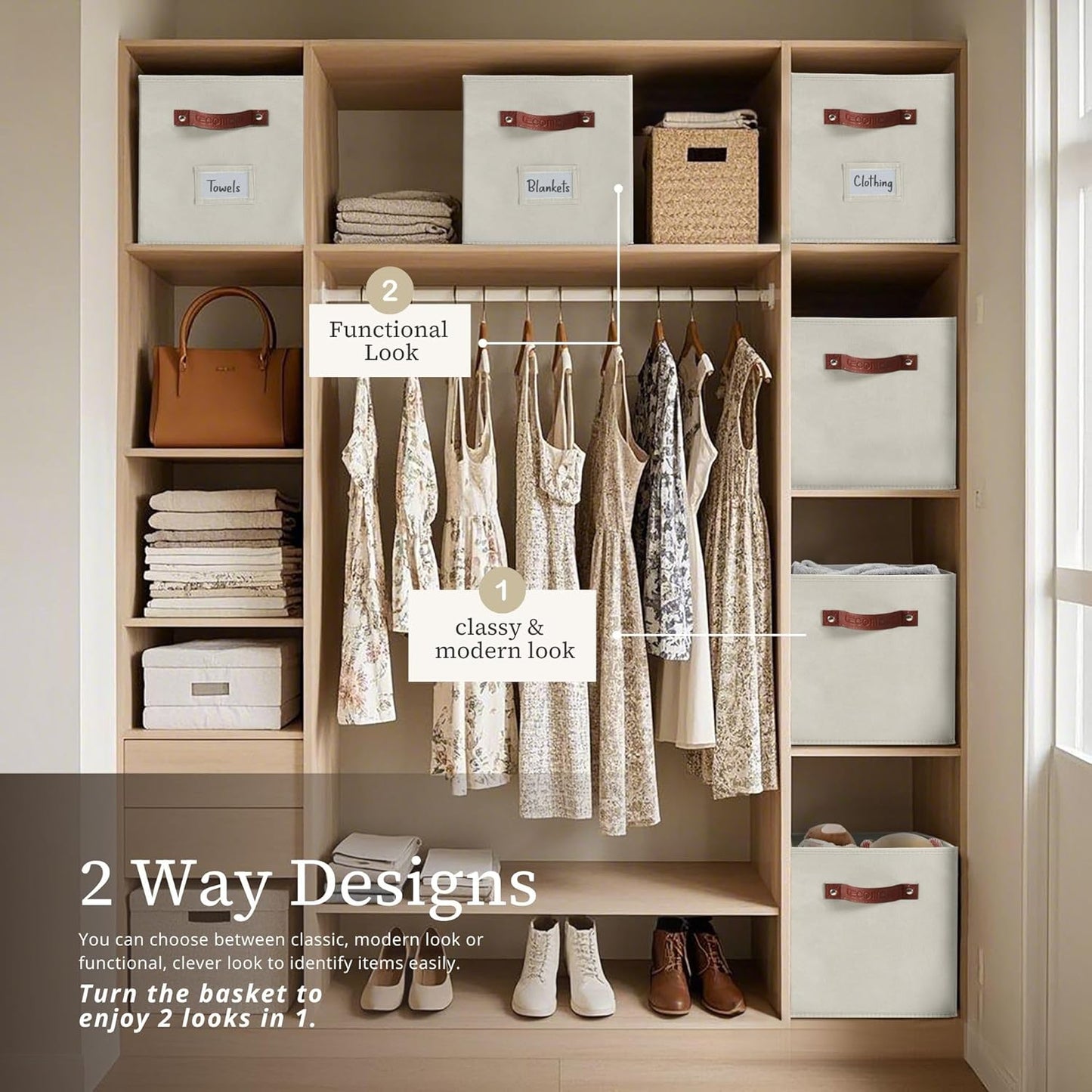 DECOMOMO Storage Bins, Cube Storage Bin with Labels, Fabric Storage Cubes for Shelves (10.5" x 11" / 6pcs, Beige)