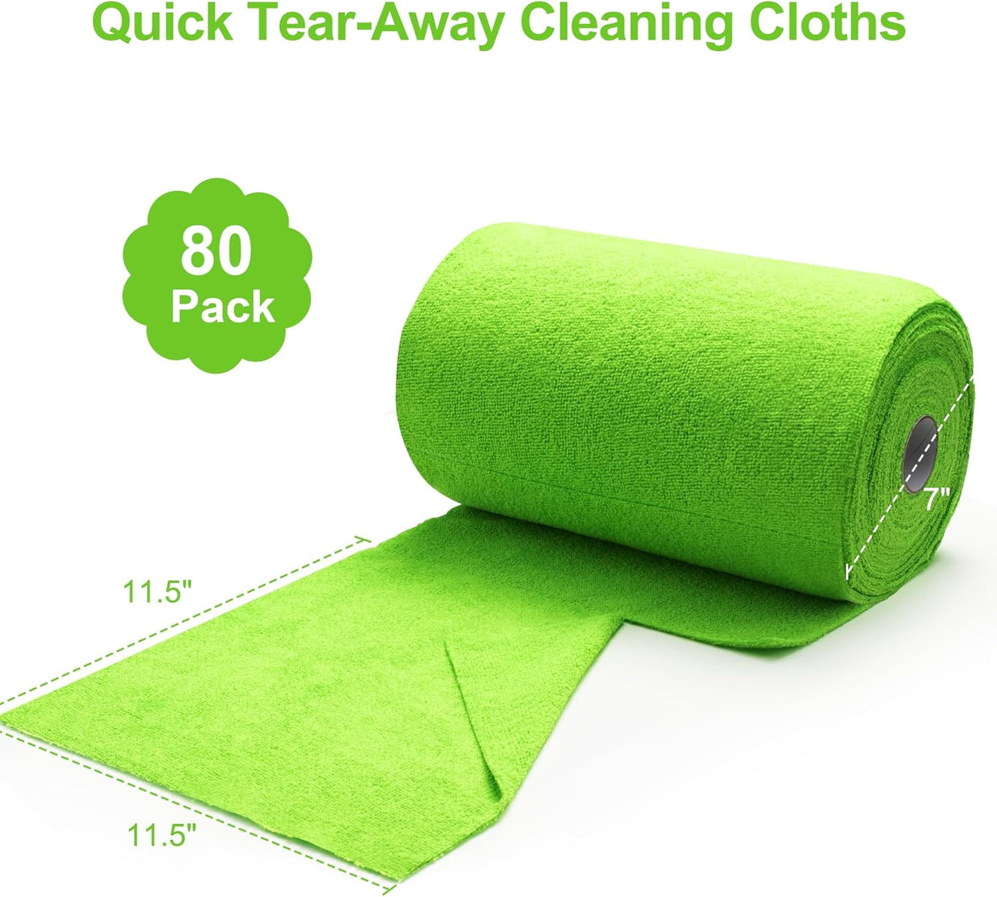Greenfound Microfiber Cleaning Cloth Roll -80 Pack, 11.5x11.5, Tear Away Towels, Reusable and Washable Rags, Green