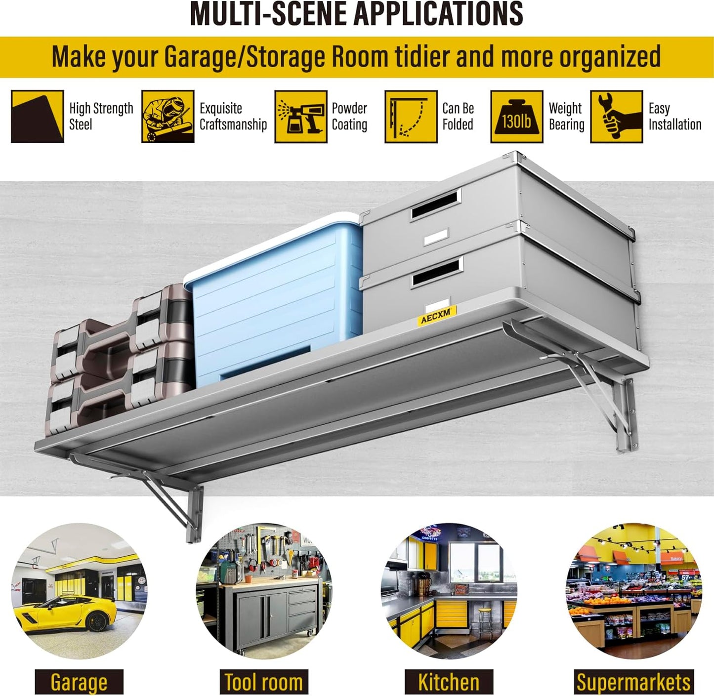 1.3x4ft Adjustable Rail Type Folding Storage Rack Shelf, Suitable for Garage, Storage Room, Kitchens Wall Shelf,Garage Storage Rack Floating Shelves, Wall Mounted Folding Table(1pc-Silver Gray)