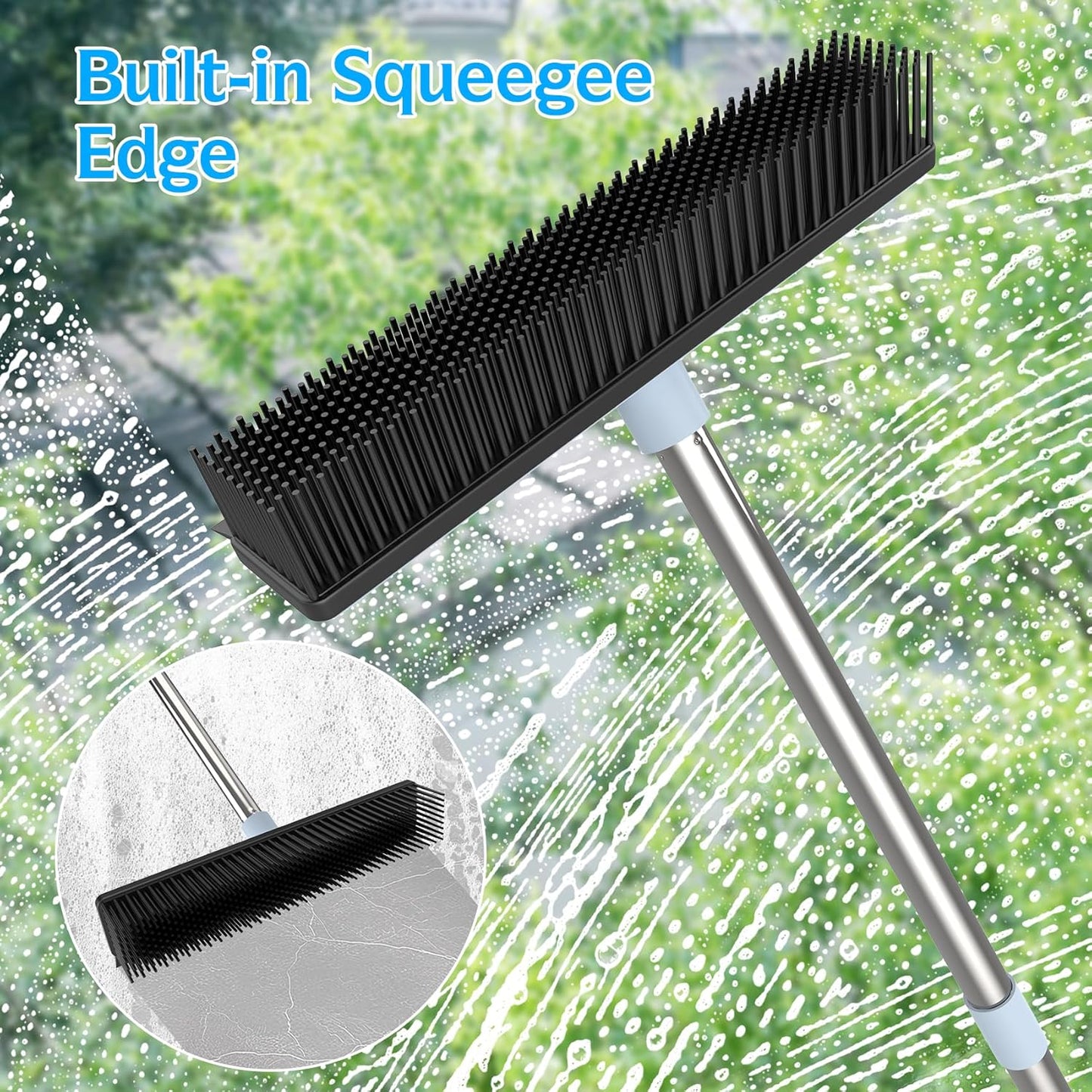 Rubber Broom Carpet Rake for Pet Hair Removal, Fur Remover Broom with 59" Adjustable Handle, Portable Detailing Lint Remover Brush, Soft Push Broom with Squeegee for Carpet, Hardwood Floor, Tile
