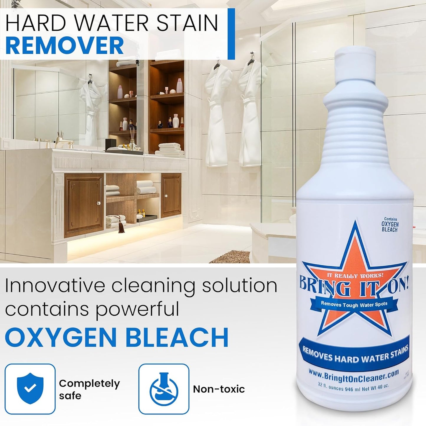 BRING IT ON! CLEANER Hard Water Stain Remover - Soap Scum, Calcium, Lime Scale, Remover for Shower Door, Tile, Glass, Fiberglass, Bathroom, Sink, Stone, Door 32 Ounce