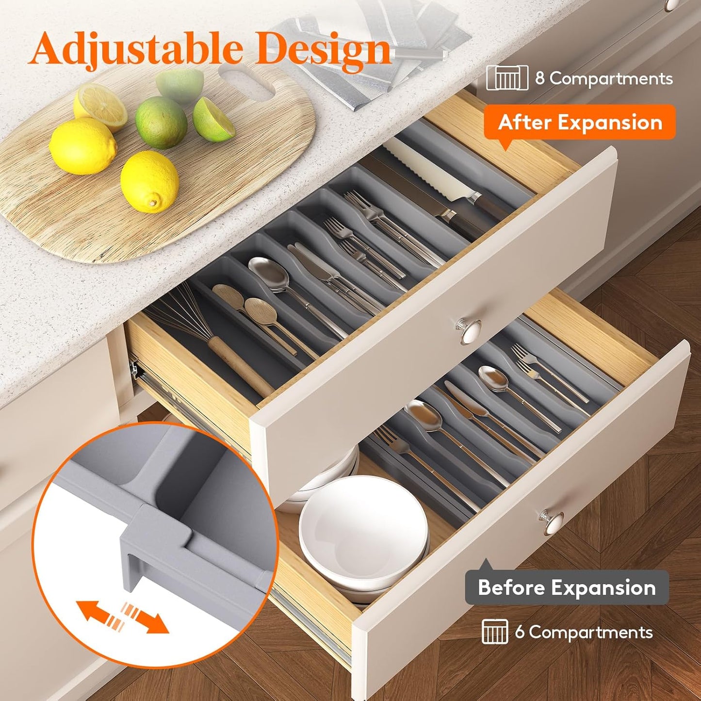 Lifewit Deep Silverware Drawer Organizer for Kitchen, Expandable Utensil Tray, Adjustable Flatware Cutlery Holder, Large Plastic Kitchen Storage for Spoons Forks Knives, 22.4 x 16.7 x 2 inches, Gray