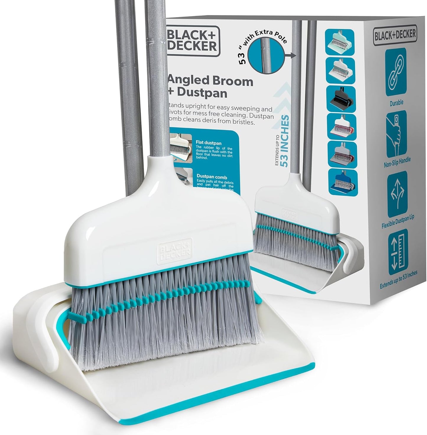 BLACK+DECKER Butler Broom and Dustpan Set for Home, Short Handle, Stand Up and Lightweight Space Saving Dust Pan and Broom Combo for Kitchen, Living Room, Bathroom, Lobby Floor Use