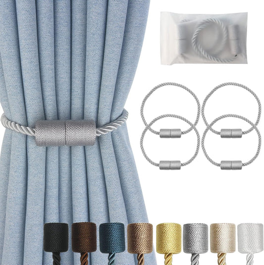 Magnetic Curtain Tiebacks 4 Pack Grey Curtain Rope Tieback Curtain Holders for Drapes Modern Tie Backs Decorative Curtain Holdbacks