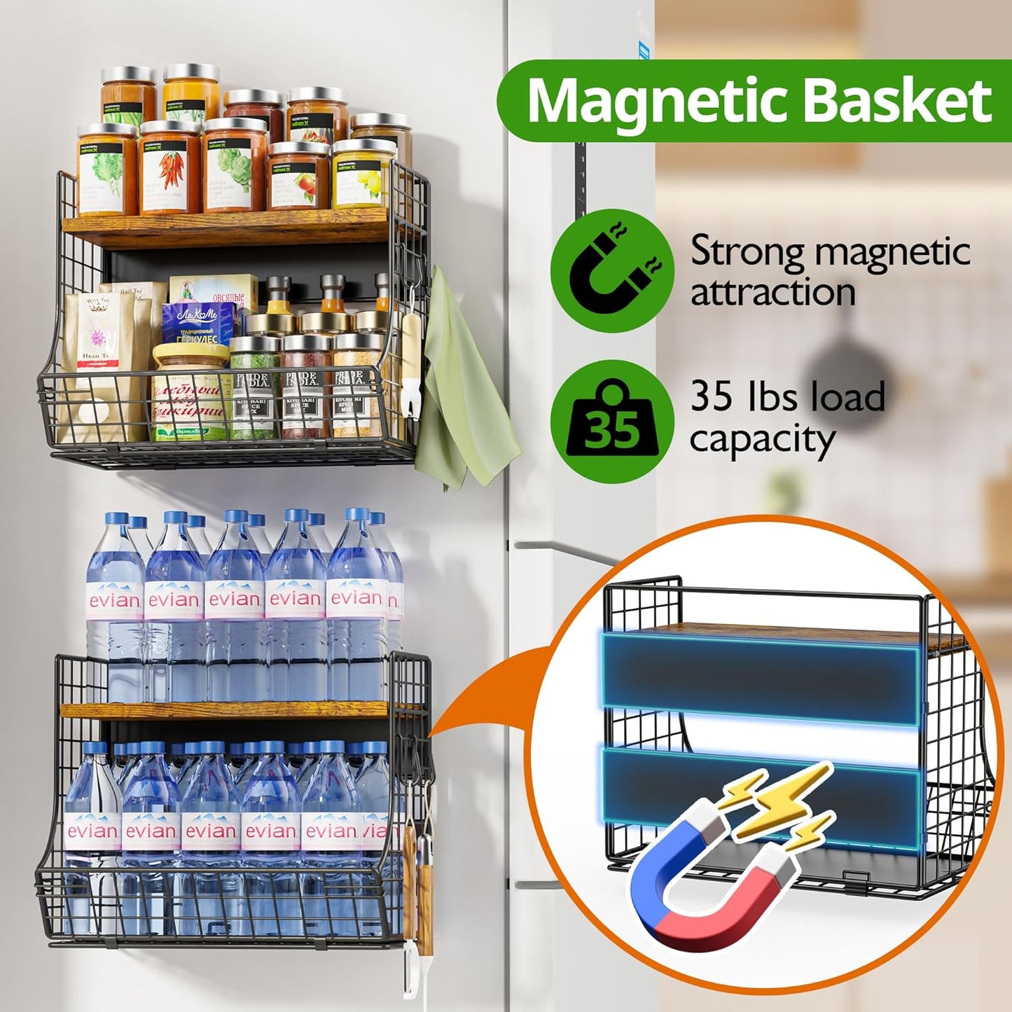 Magnetic Shelf for Fridge with Wood Lid, Fruit Potato and Onion Storage Bins, Pantry Organizers and Storage, Strong Magnetic Spice Rack for Refrigerator, Kitchen Counter and Laundry Room