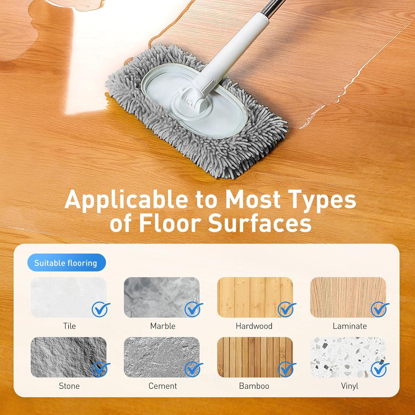 6PCS Reusable Mop Pads Fit for Flat Mops, Chenille Mop Refill Pads Washable Mop Covers, Household Replacement Mop Pads Wet & Dry Sweeping Cloths Mopping Pad Refills for Hardwood Floor Cleaning (Gray)