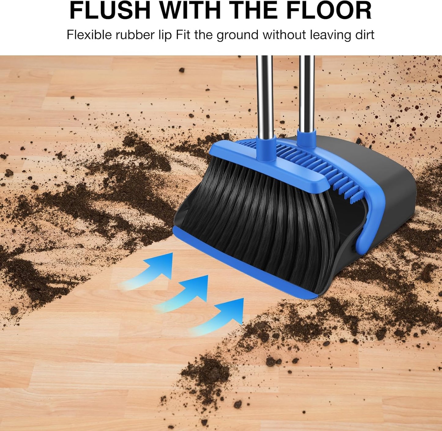 NACENA Broom and Dustpan Set, 52-in Long Adjustable Handle Broom Dustpan Combo with Dustpan Teeth to Automatically Clean Hair Suitable for Home Kitchen Office Hall Floor（Black&Blue）