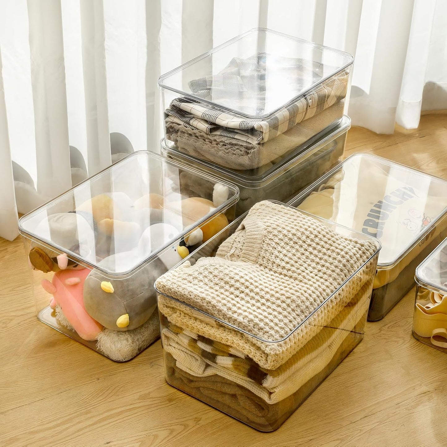 4-Piece Set,Plastic Storage Bin with Lid,Large Storage Containers,Stackable Lidded Storage Boxes for Cabinets, Clothes, Toys, Books (clear 4XL)