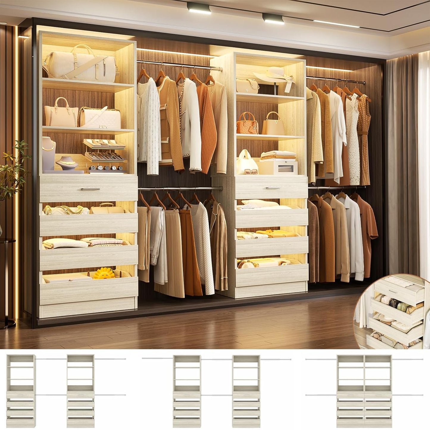 Aheaplus Closet System, 6-15Ft Closet Organizer with 8 Wooden Drawers, Wood Closet Organizer System with Tower, Walk-in Closet Organizer Wardrobe Garment Clothes Rack with 4 Hanging Rods, White Oak