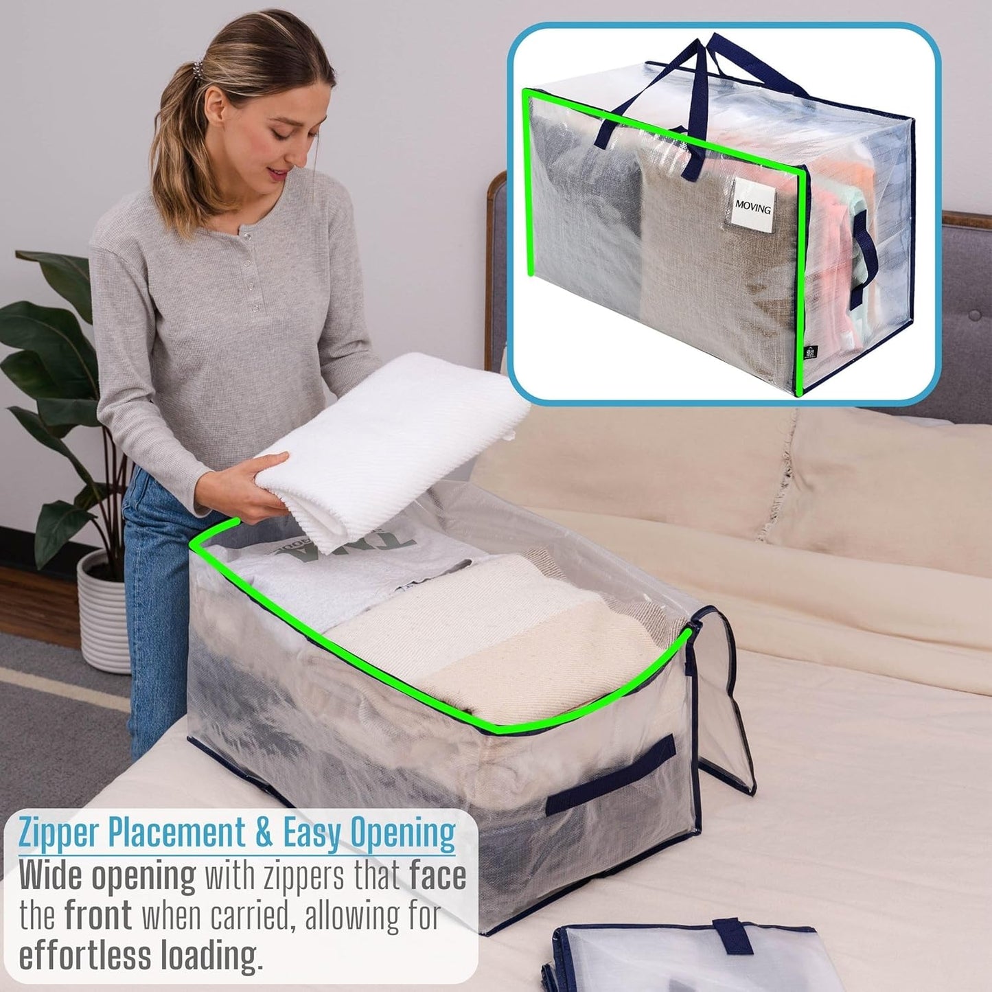 VENO 10 Pack Moving and Storage Bags, Heavy Duty, Alternative to Moving Boxes, Large Packing Totes Supplies for College Dorm Room with Zipper for Clothes, Wide Open Design (Clear, 10 Pack)