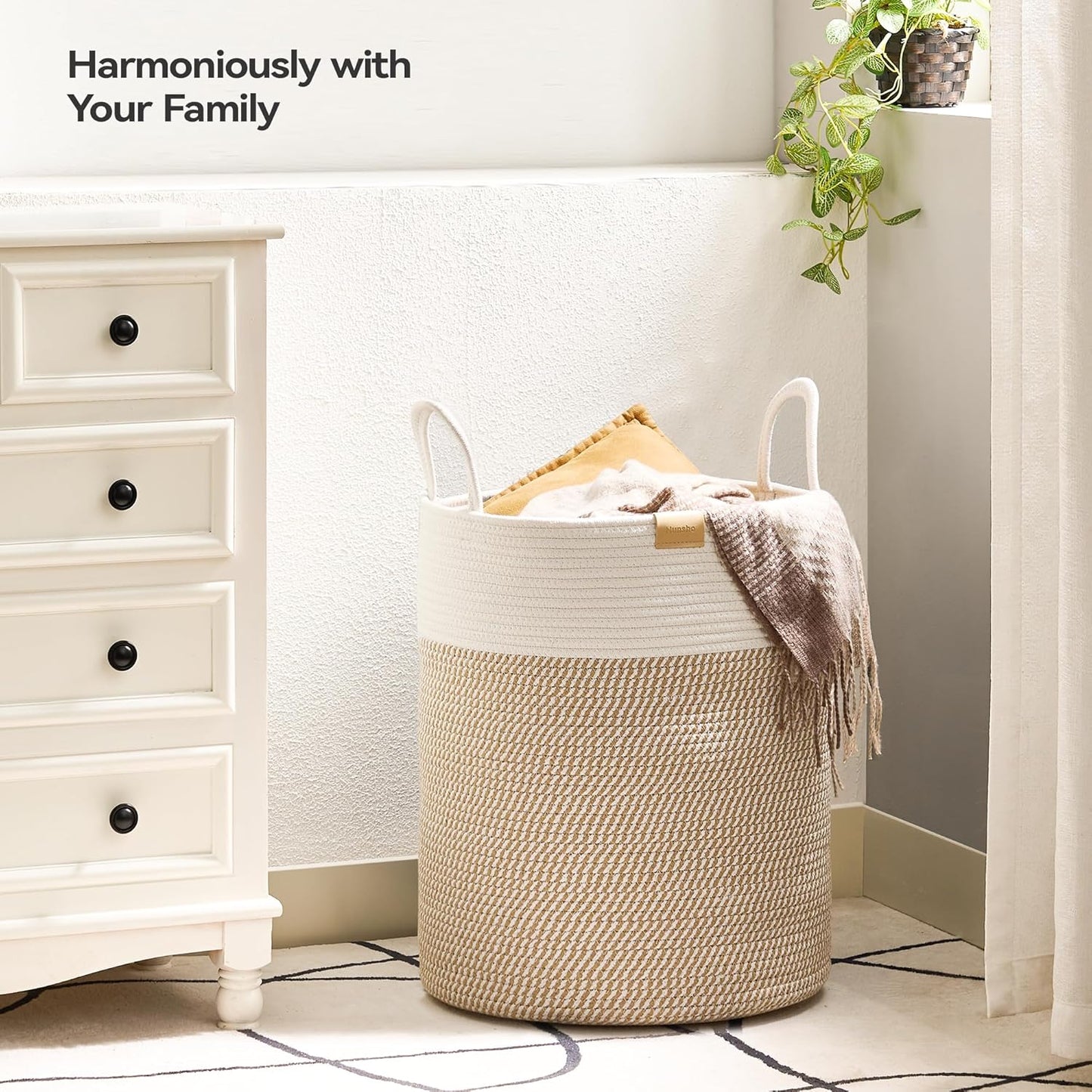 Laundry Hamper 62L,Large Laundry Basket for Clothes,Decorative Storage Basket for Blankets,Cotton Rope Woven basket for bedroom,Brown White