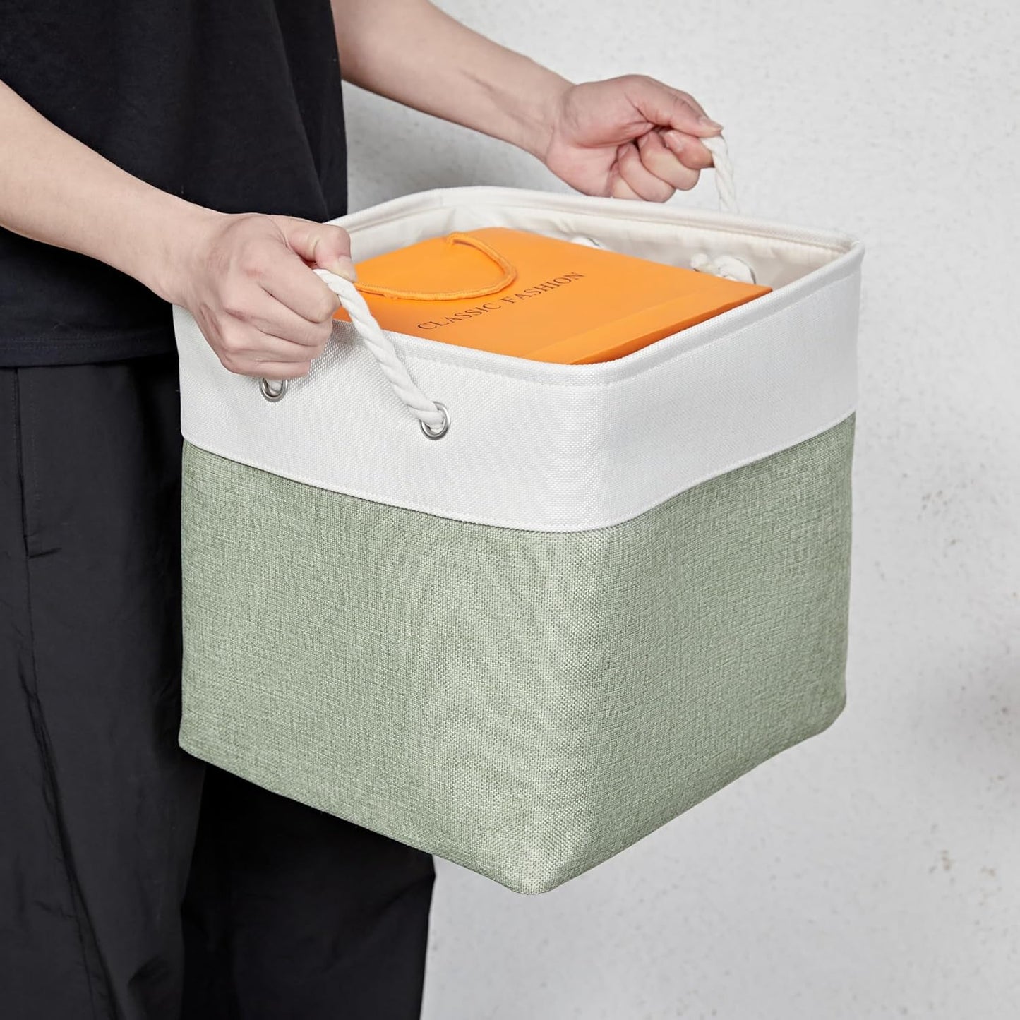 13 x 13 Inch Extra Large Storage Cubes,6 Pack Cube Storage Bins for Shelves，Fabric Collapsible Storage Bins with Handles, Foldable Storage Basket for Organizing Clothes, Toys (White&Green)