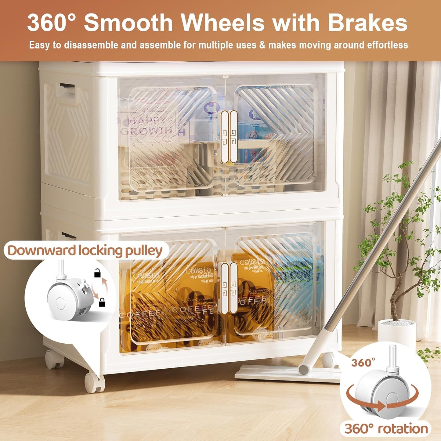 Storage Bins with Lid 76QT, Stackable Storage Containers with Wheels and Magnetic Doors, Plastic Clothes Closet Organizers and Storage Box for Pantry, Home and Office (4 Pack)