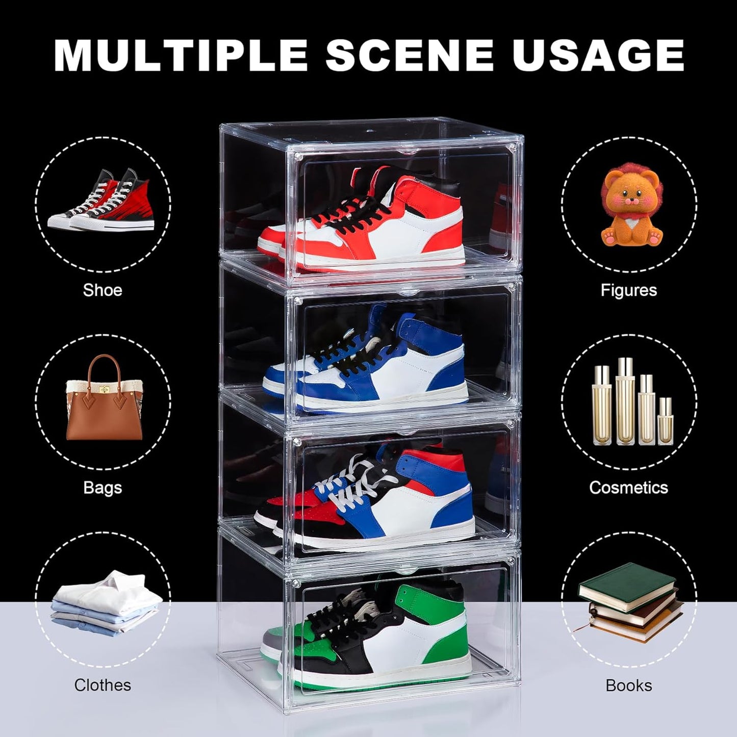 NYZE 3 Pack Acrylic Shoe Boxes Side Open, Clear Shoe Box Plastic Stackable, Shoe Storage Organizer with Magnetic Door, Shoe Display Shoe Containers with Lids Fits Up to Size 15