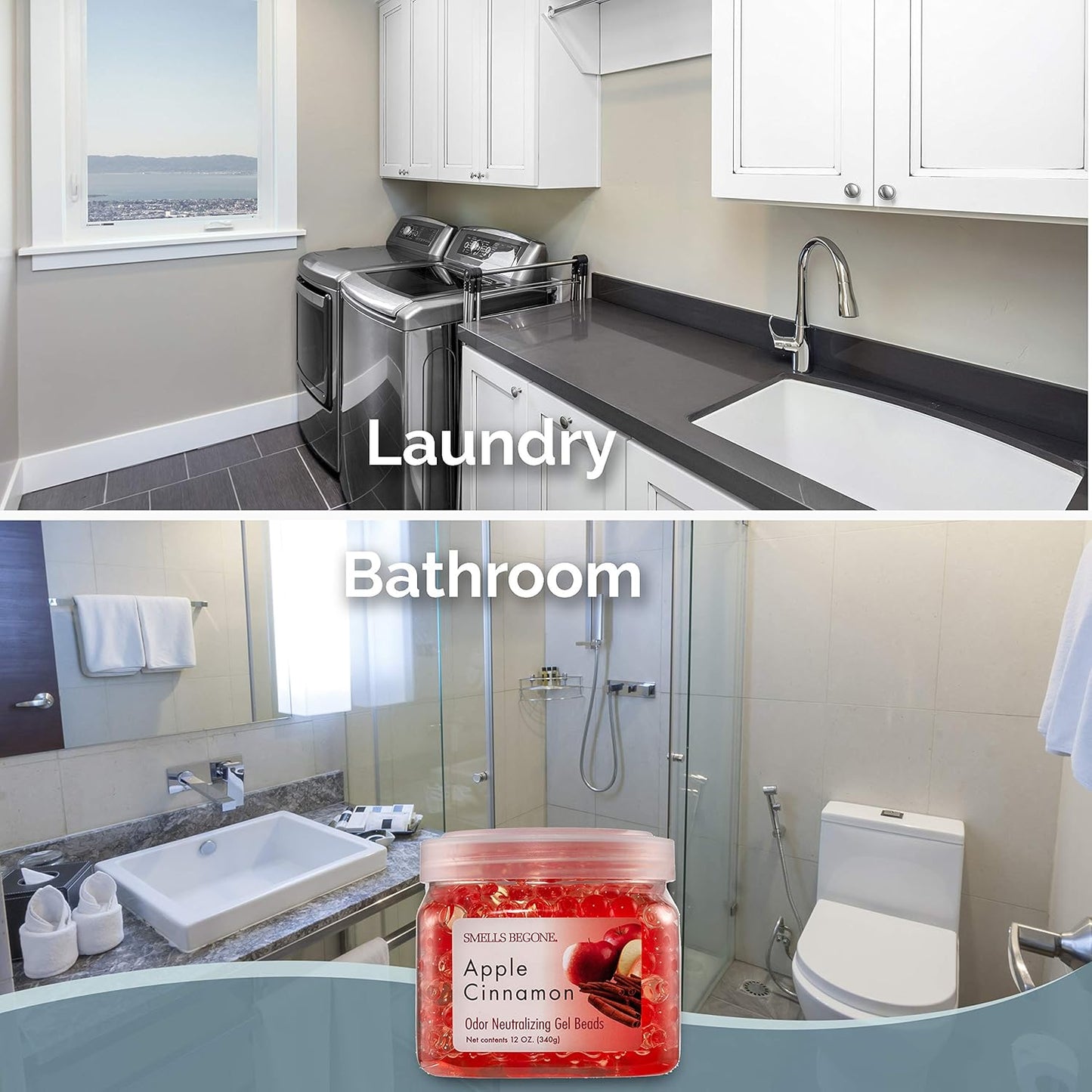 SMELLS BEGONE Odor Eliminator Gel Beads - Air Freshener - Eliminates Odor in Bathrooms, Cars, Boats, RVs and Pet Areas - Made with Essential Oils - Apple Cinnamon Scent - 12 Ounce