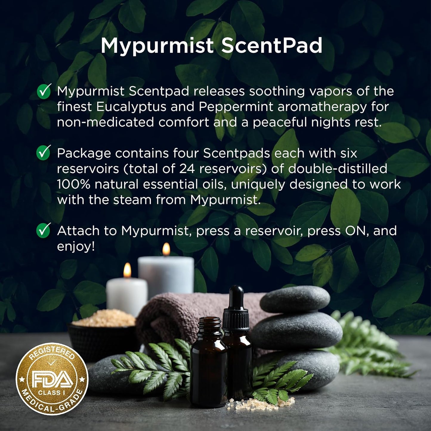 Mypurmist ScentPad Eucalyptus & Peppermint Vapor Pads - Vaporizer Refill Pad for Ultrapure Devices, Essential Oil Aromatherapy for Humidifier - Steam Inhaler for Sinus Congestion Relief, 24 Reservoirs
