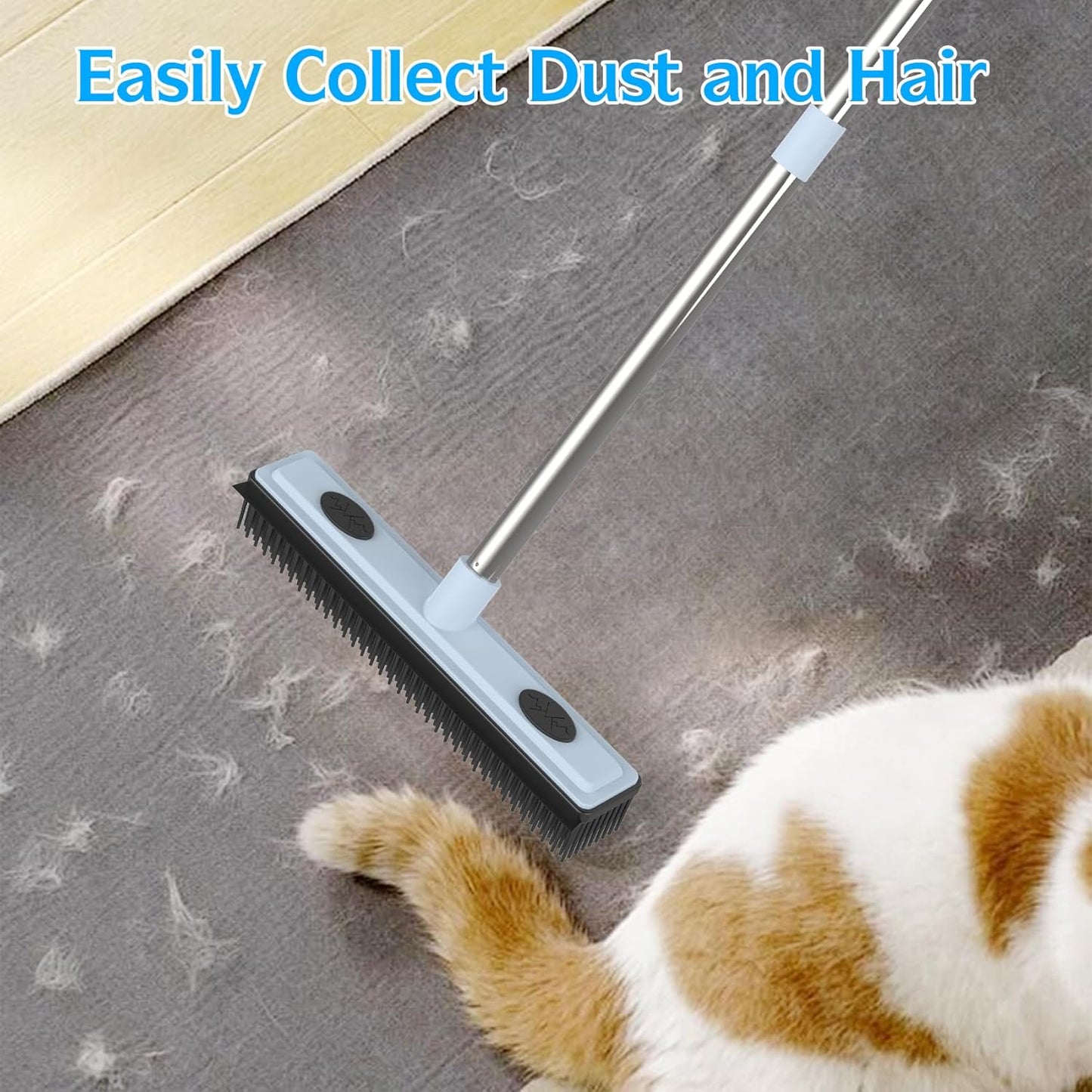 Rubber Broom Carpet Rake for Pet Hair Removal, Fur Remover Broom with 59" Adjustable Handle, Portable Detailing Lint Remover Brush, Soft Push Broom with Squeegee for Carpet, Hardwood Floor, Tile