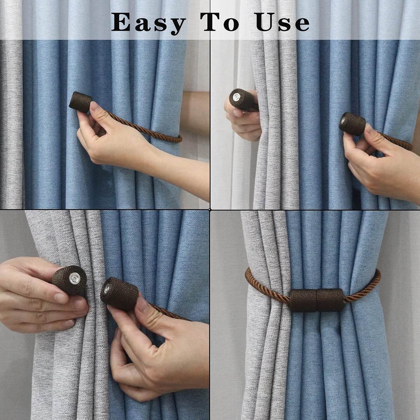 2 Pack Strong Magnetic Curtain Tiebacks Outdoor Elegant Decorative Tie Backs Modern Rope Tiebacks for Drapes Window Curtain Holdbacks for Draperies- Coffee