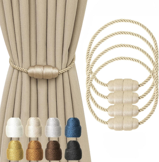 Magnetic Curtain Tiebacks Rope Curtain Tie Backs for Curtains 4 Pack Curtain Holders for Drapes Decorative Window Curtain Holdbacks, Beige