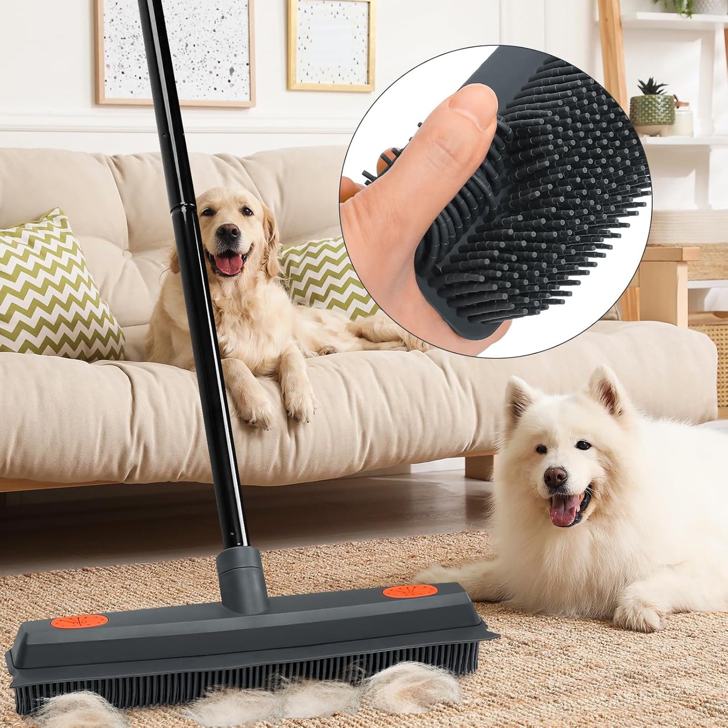 MAVRIZ Rubber Broom Carpet Rake for Pet Hair Removal, Pet Hair Broom for Hardwood Floor, Fur Remover with Squeegee