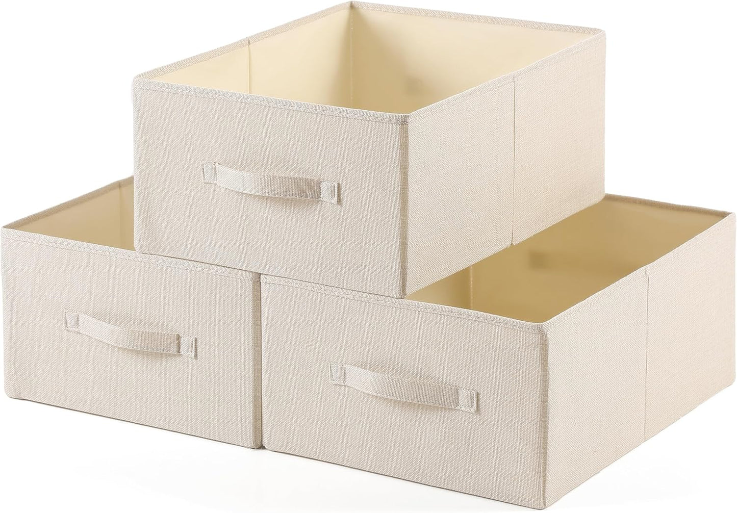 Linen Folding Storage Bins, 3 Pack Large Storage Baskets, Washable, Clothing Storage Bins with Handle, Closet Organizer for Storage Sweater,Sheets(Beige, 18½"x13½"x8½")
